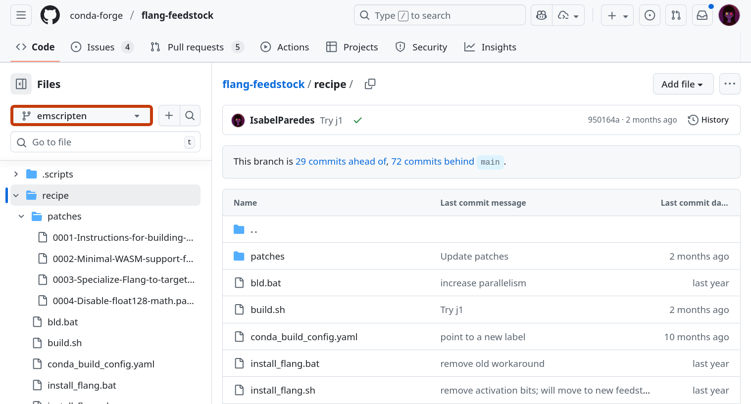 Screenshot of flang feedstock repo on conda-forge